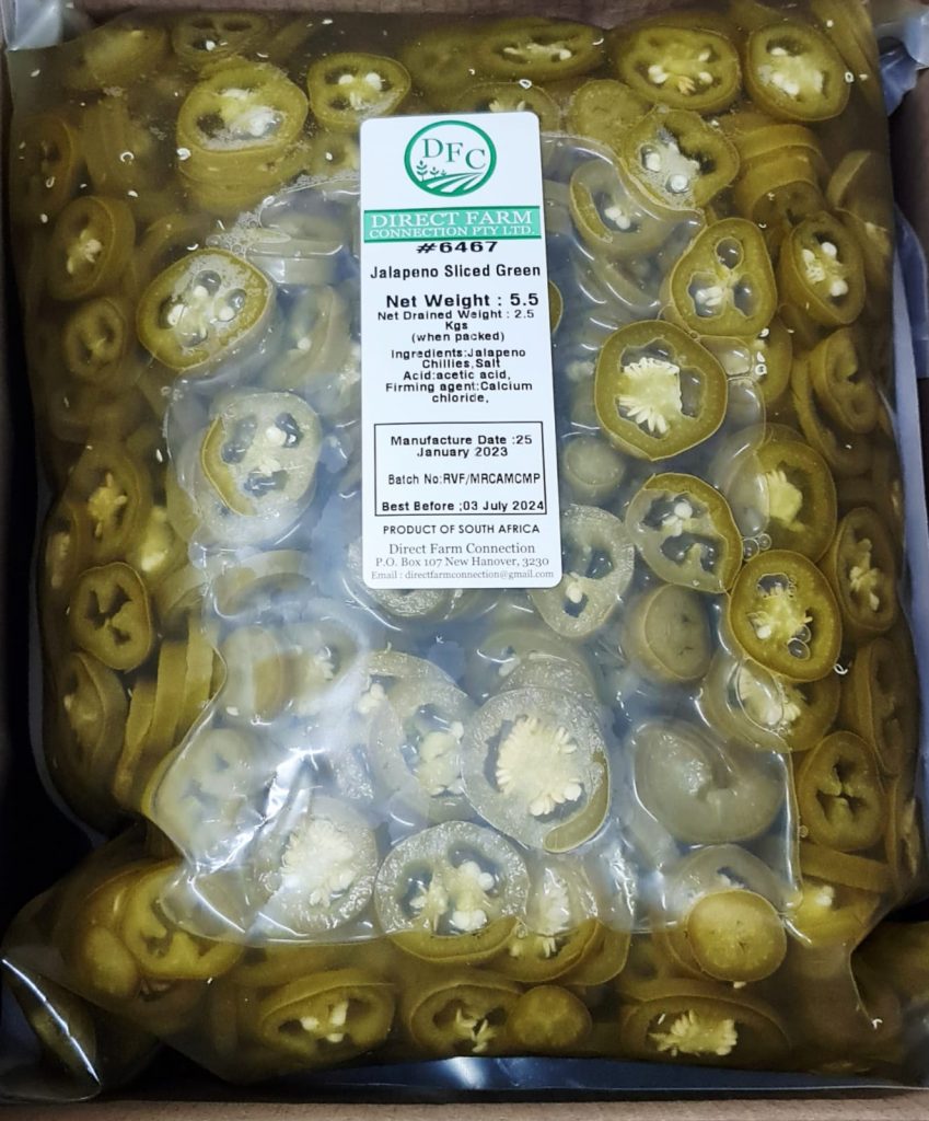 Jalapeno Sliced Pouch 5,5kg, 2,5kg Drained Weight (Price on request)